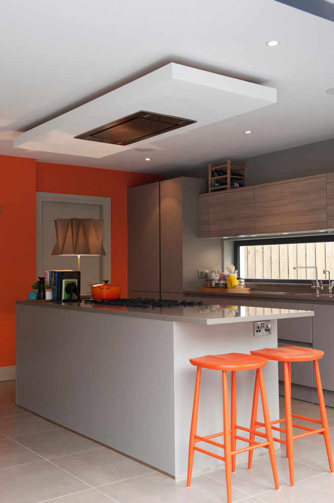 Photo of a contemporary kitchen in Other with flat-panel cabinets and grey cabinets.