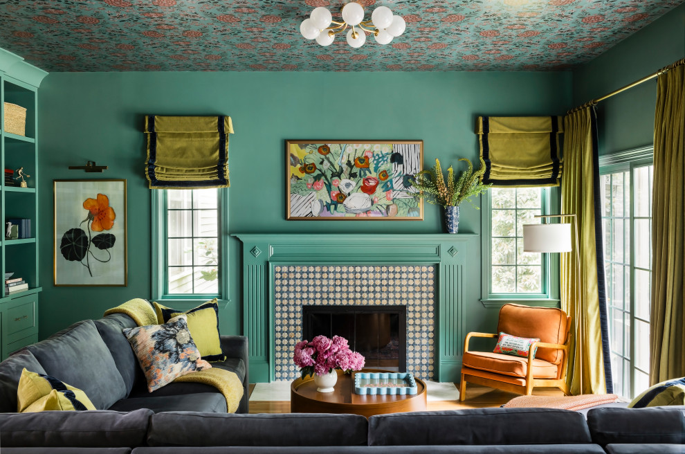 Example of a transitional living room design in Boston