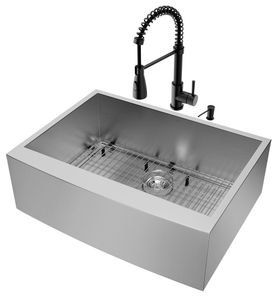 VIGO 30" Stainless Steel Farmhouse Kitchen Sink With Brant Faucet, Matte Black