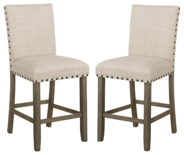 Home Square Counter Height Stool with Nailhead Trim in Beige Set of 2