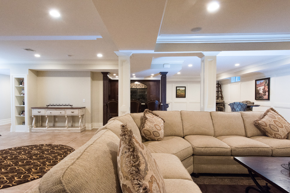 This is an example of a large traditional look-out basement in New York with white walls.