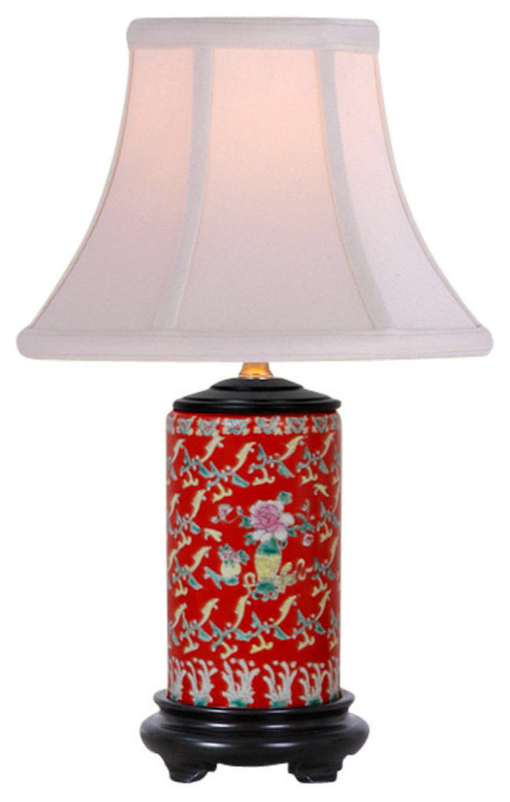 Red Floral Motif Porcelain Vase Table Lamp 15" Asian Table Lamps