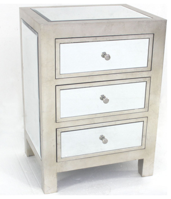 29" Silver Mirrored End Table With Three Drawers