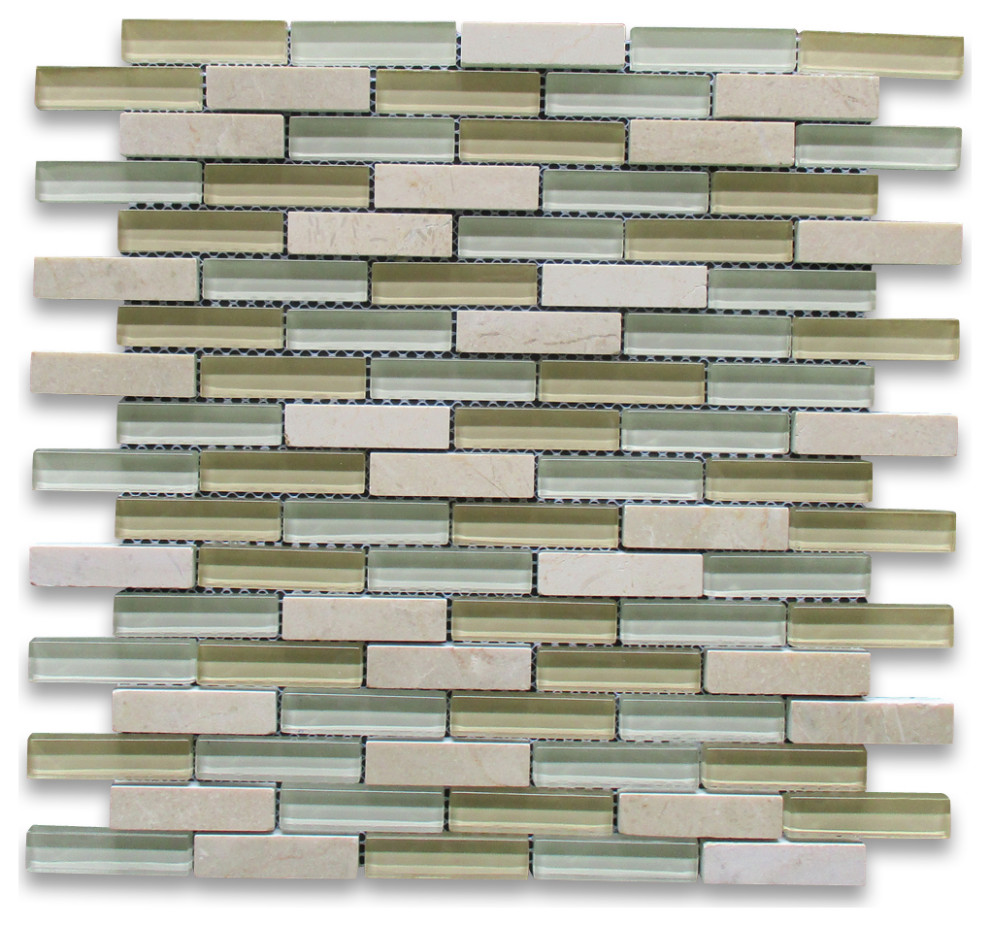 Glass Mosaic Tile White Yellow Glass Beige Marble Accent Backsplash, 1 sheet