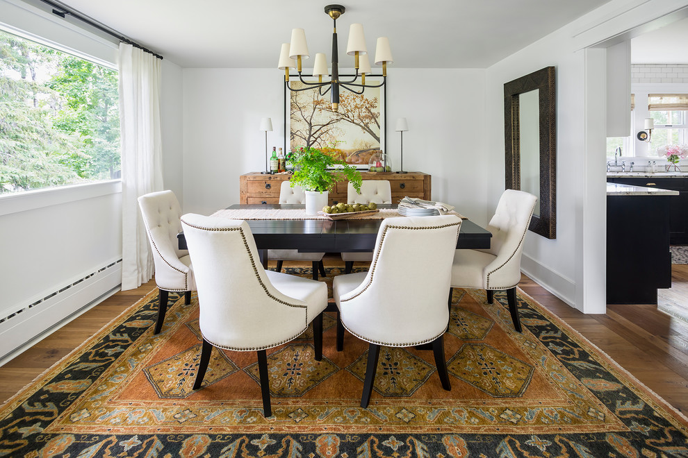 Inspiration for a traditional separate dining room in Los Angeles with white walls, medium hardwood floors and brown floor.