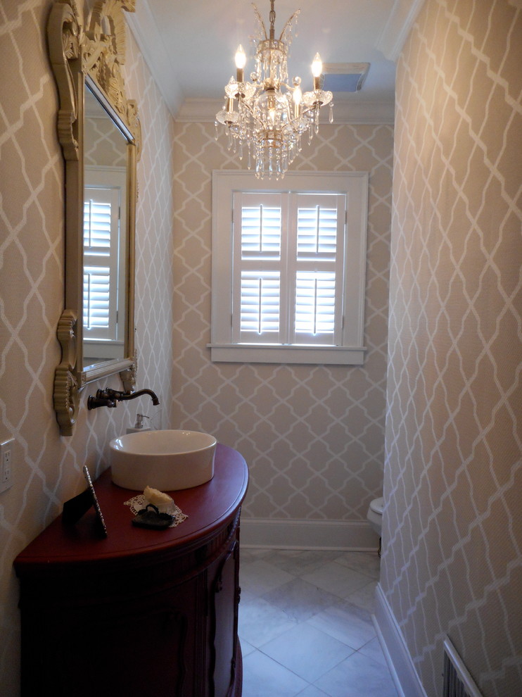 Bathroom - mid-sized transitional 3/4 bathroom idea with furniture-like cabinets and wood countertops