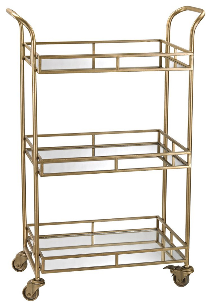 Ashron Bar Cart, Gold With Mirrored Shelves Contemporary Bar Carts