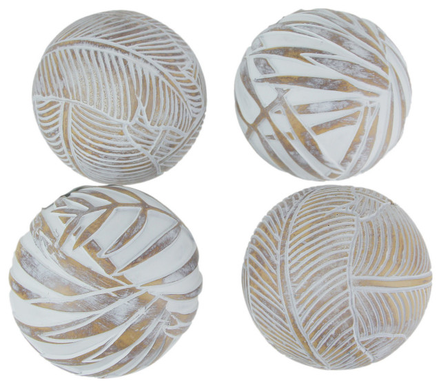 Whitewashed Tropical Leaf Wood Look Decor Balls Set of 4