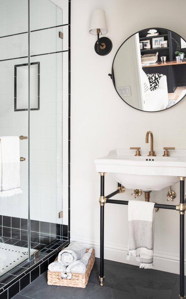 Inspiration for a small 3/4 bathroom in Sacramento with a corner shower, a one-piece toilet, white walls, slate floors, a pedestal sink, grey floor, a hinged shower door and a single vanity.
