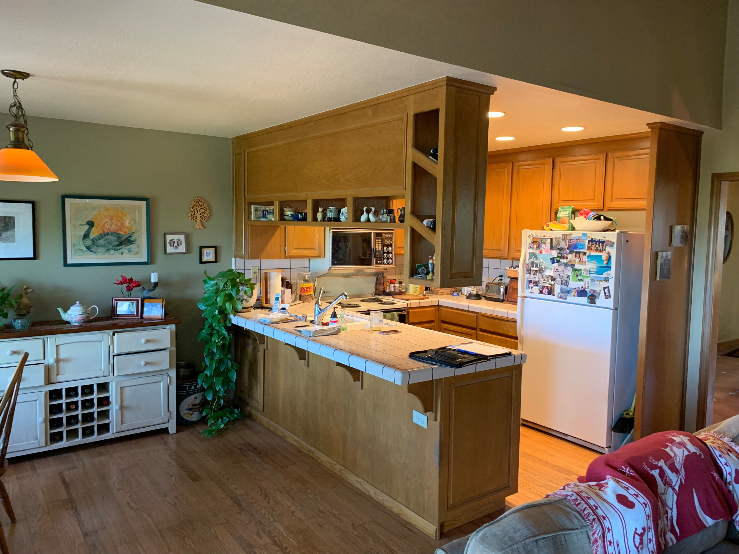 BEFORE! Original oak cabinets & tile counters with wide grout lines!