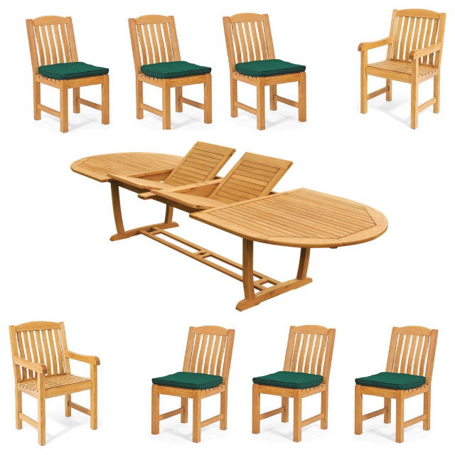 9Piece Outdoor Teak Dining Set 117" Masc Oval Extn Table, 8 Devon