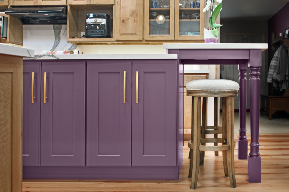 Mid-sized transitional light wood floor and brown floor kitchen photo in Other with recessed-panel cabinets, purple cabinets, quartz countertops, an island and white countertops