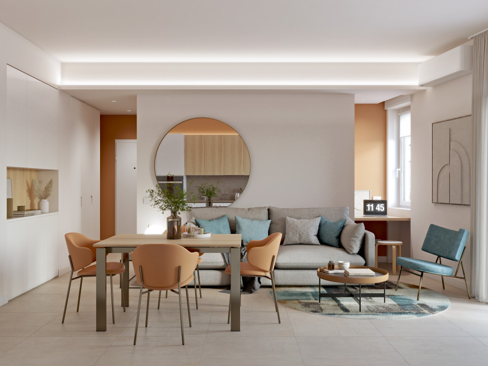 Inspiration pour un petit salon design ouvert avec un mur orange, un sol en carrelage de porcelaine, un téléviseur fixé au mur, un sol marron et un plafond décaissé.