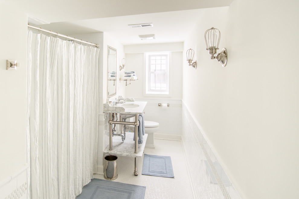 Small transitional kids' white tile and ceramic tile ceramic tile alcove bathtub photo in Chicago with a pedestal sink, marble countertops, a two-piece toilet and white walls