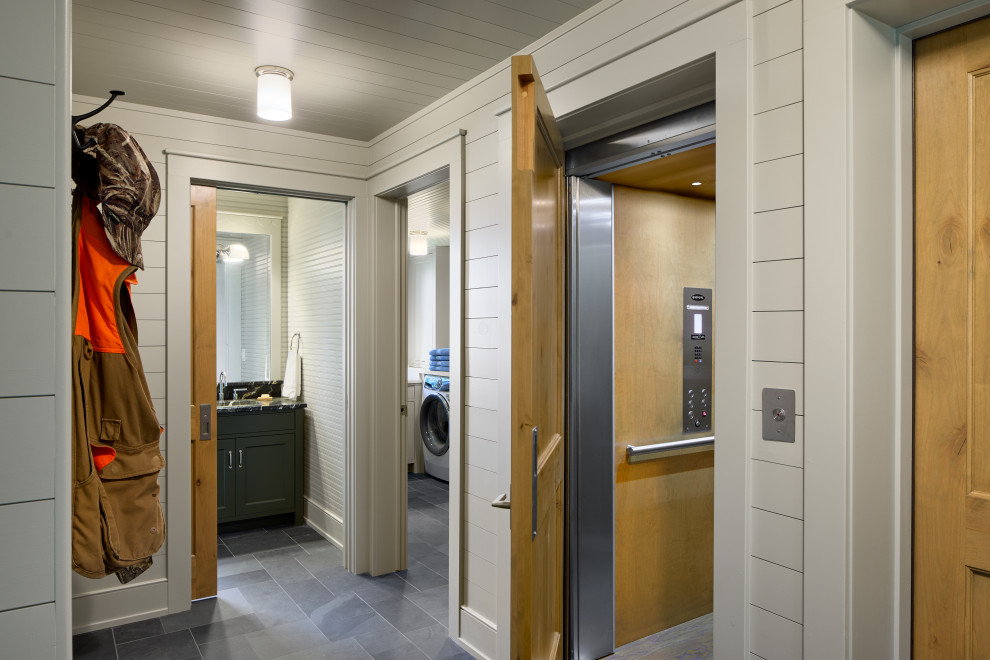 Inspiration for a coastal slate floor, gray floor, shiplap ceiling and shiplap wall hallway remodel in Minneapolis
