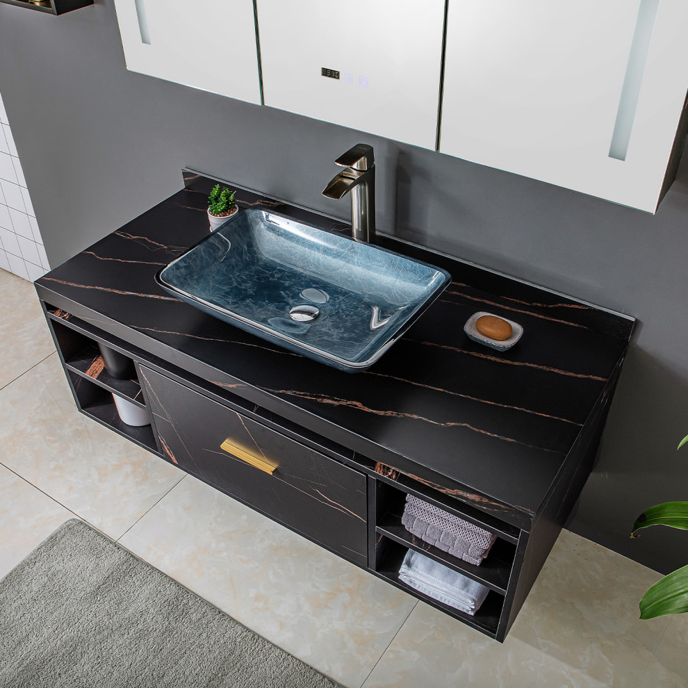 Bathroom - small contemporary master single-sink bathroom idea in Chicago with open cabinets, black cabinets and a floating vanity