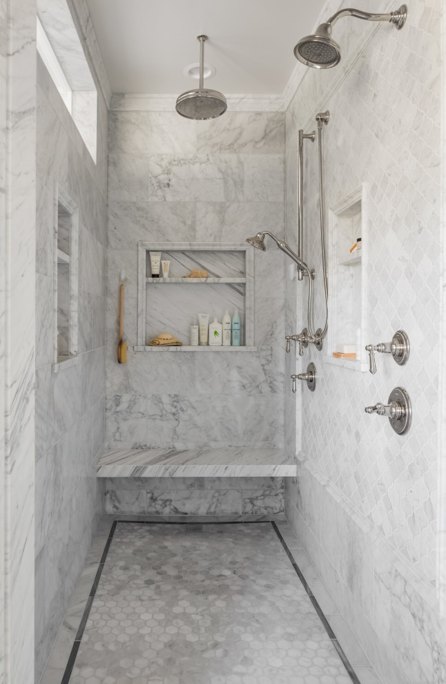 Inspiration for a mid-sized arts and crafts master bathroom in Seattle with recessed-panel cabinets, grey cabinets, a freestanding tub, a double shower, a two-piece toilet, white tile, marble, grey walls, marble floors, an undermount sink, marble benchtops, white floor, a hinged shower door, grey benchtops, a shower seat, a double vanity and a freestanding vanity.