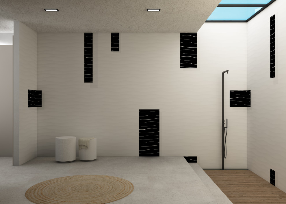 Свежая идея для дизайна: большая, узкая и длинная ванная комната в современном стиле с стеклянными фасадами, серыми фасадами, угловым душем, раздельным унитазом, белыми стенами, бетонным полом, душевой кабиной, раковиной с пьедесталом, мраморной столешницей, серым полом, открытым душем, черной столешницей, тумбой под две раковины, потолком с обоями и обоями на стенах - отличное фото интерьера