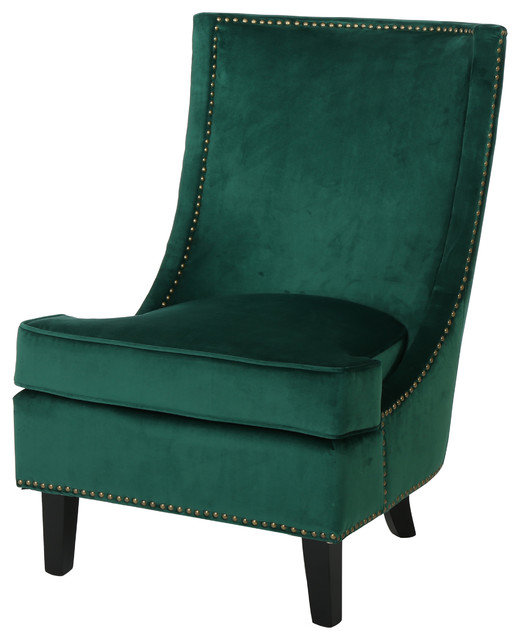 Adette Velvet High Back Studded Edge Club Chair Midcentury Adette Velvet High Back Studded Edge Club Chair Dark Green