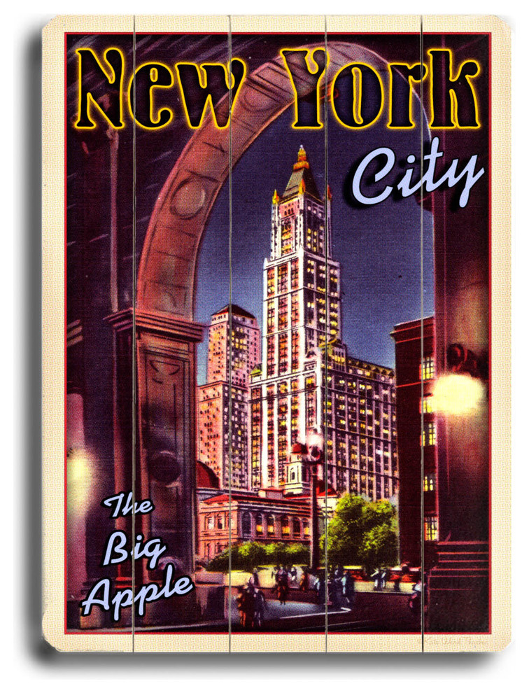 "New York City" Wood Sign, 30"x40" Midcentury Prints And Posters