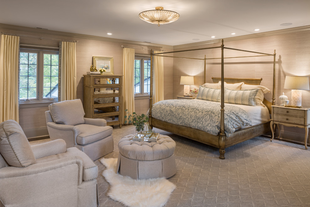 Bedroom - traditional master carpeted and gray floor bedroom idea in Cincinnati with beige walls