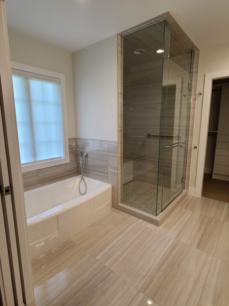 Bathroom - large transitional master beige tile and ceramic tile ceramic tile, beige floor and double-sink bathroom idea in Other with a two-piece toilet, white walls, a hinged shower door, a freestanding vanity, flat-panel cabinets, gray cabinets, quartz countertops and white countertops