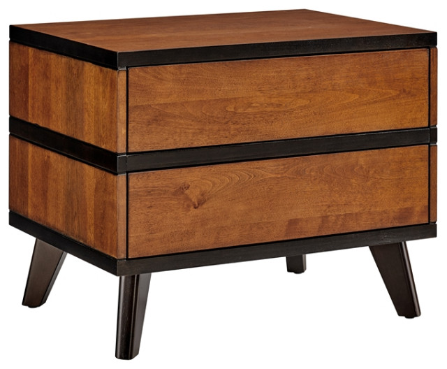 Linon Mid Century Two Drawer Wood Nightstand in Walnut Brown