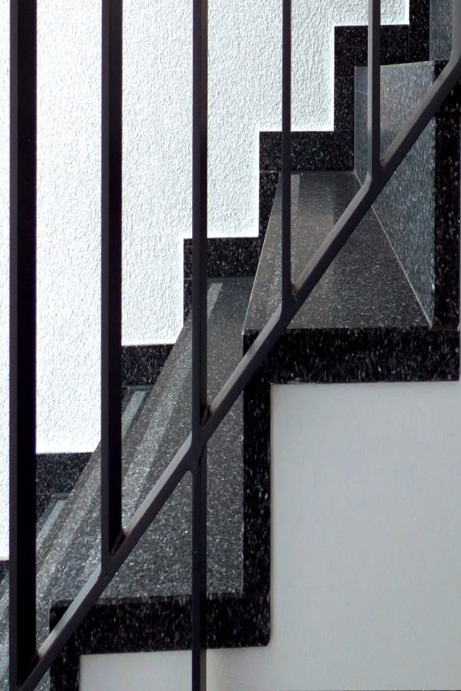 Свежая идея для дизайна: большой коридор в стиле модернизм с белыми стенами, полом из терраццо и черным полом - отличное фото интерьера