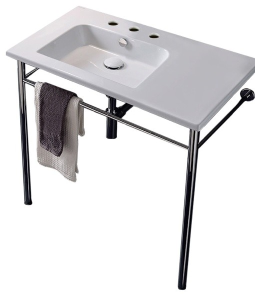 Ceramic Console Sink and Polished Chrome Stand, Three Hole