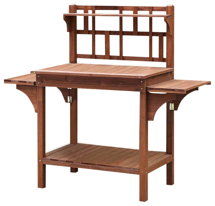 Solid Wood Potting Bench With Flip Up Sides And Garden Tool Shelf