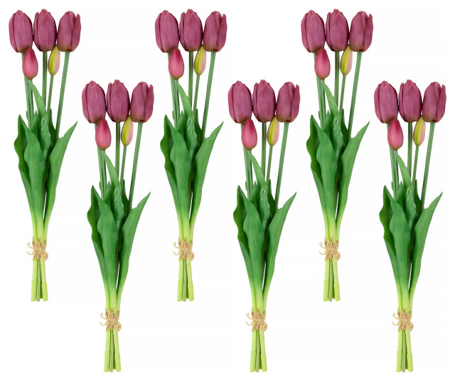 Set of 6 Purple Tulip Artificial Floral Bundles 18" Modern