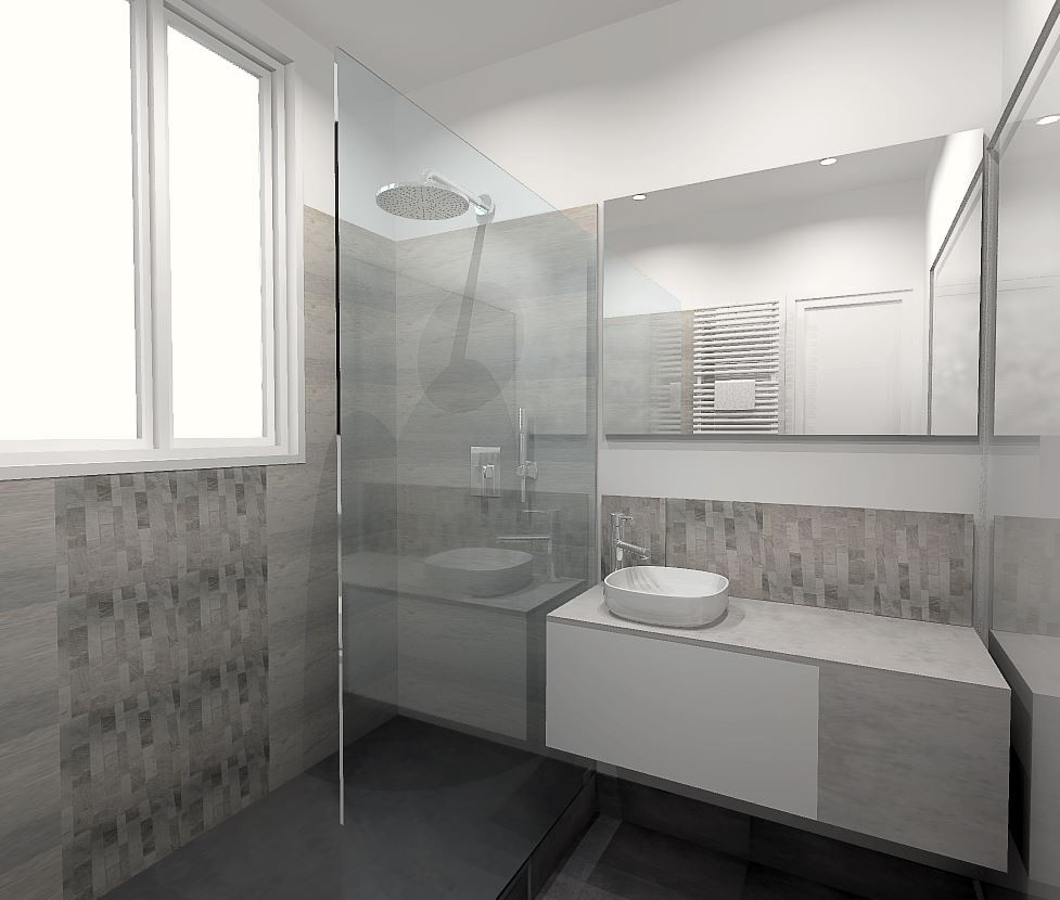 Ispirazione per una stanza da bagno con doccia moderna di medie dimensioni con doccia a filo pavimento, piastrelle grigie, pavimento in cemento, pavimento grigio e porta doccia a battente