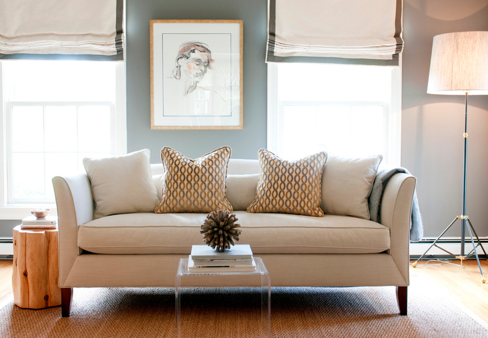 Inspiration for a transitional living room in Boston with grey walls.