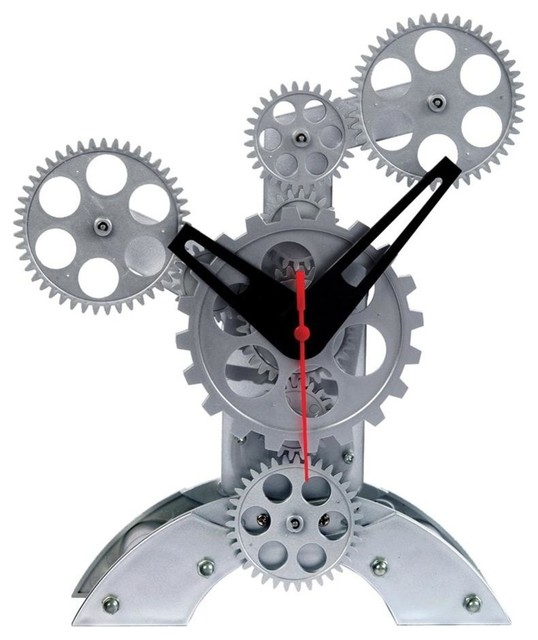 Moving Gear Table Clock in Silver