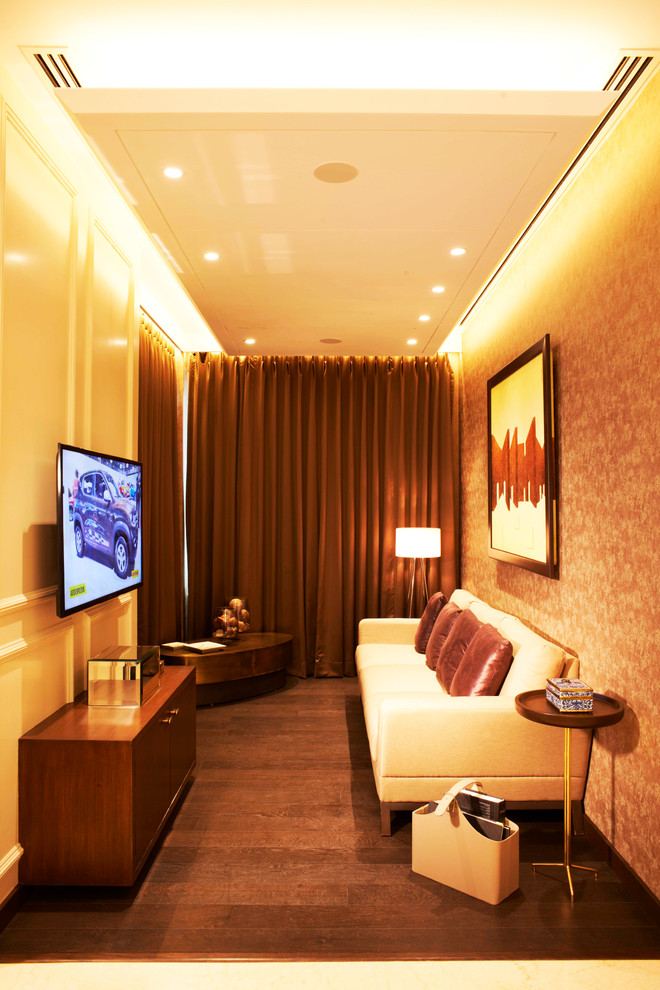 This is an example of a contemporary home theatre in Mumbai.