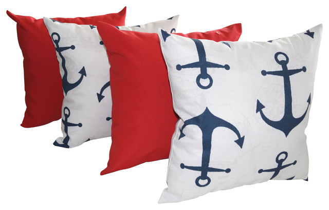 Solar Cherry And Anchors Navy Nautical Outdoor Throw Pillow, Set of 4