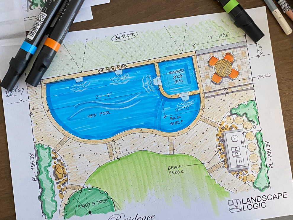 Idee per una piscina naturale contemporanea personalizzata di medie dimensioni e dietro casa con fontane e pavimentazioni in cemento