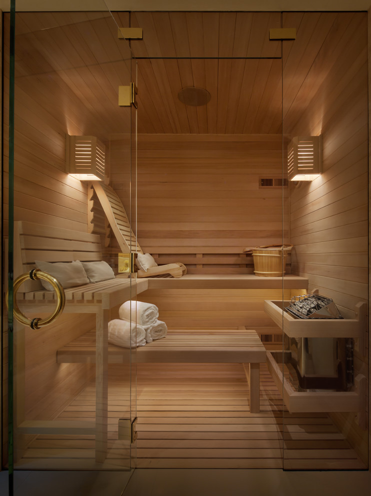 Inspiration for a mid-sized contemporary bathroom in San Francisco with brown walls, light hardwood floors, with a sauna, a hinged shower door, shaker cabinets, medium wood cabinets, a two-piece toilet, an undermount sink, engineered quartz benchtops and beige floor.