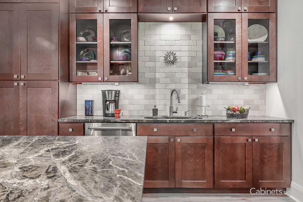 Minimalist kitchen photo in Tampa with shaker cabinets and red cabinets