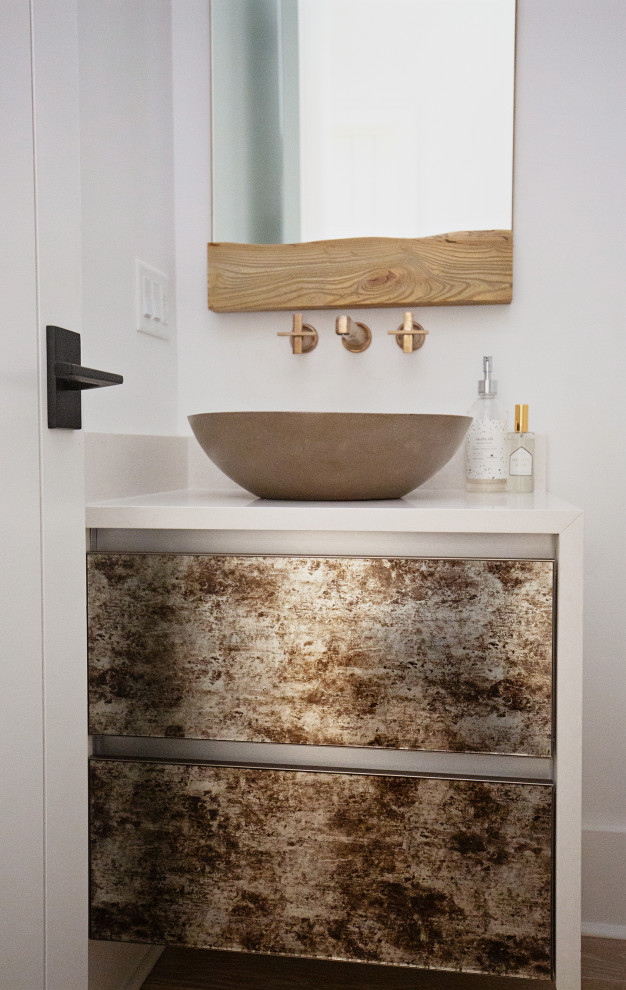 Example of a small trendy light wood floor and beige floor powder room design in Miami with glass-front cabinets, brown cabinets, white walls, a console sink, quartzite countertops, white countertops and a floating vanity