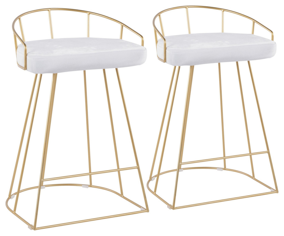 Canary Contemporary Counter Stool, Gold With White Velvet Fabric, Set of 2 Contemporary Bar