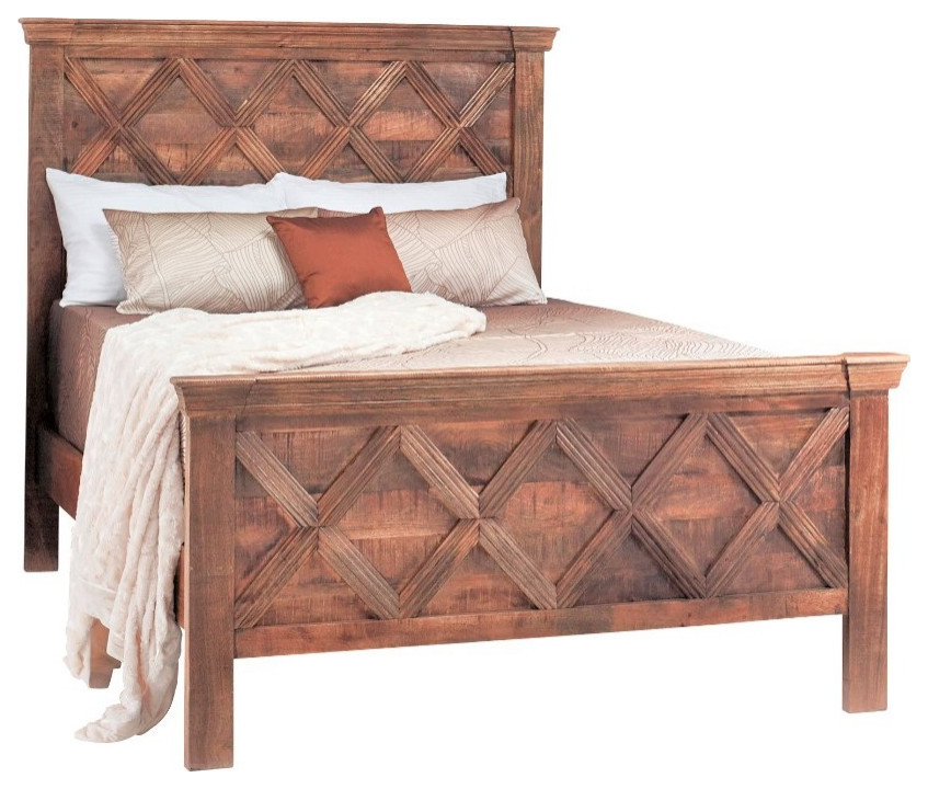 Reclaimed Rustic Wood King Panel Bed, Carved Wooden Bed Frame