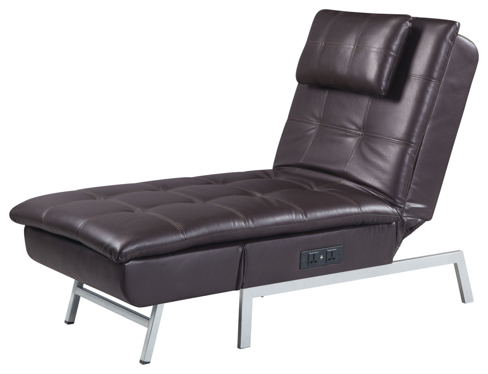 ACME Padilla Chaise Lounge With Pillow and USB Port, Brown Fabric