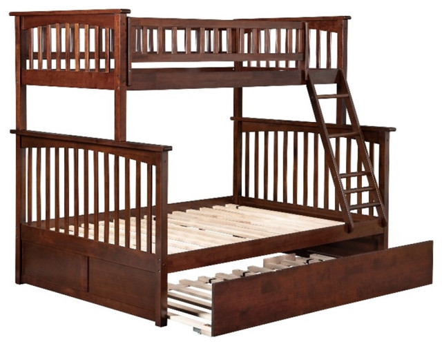 Pemberly Row Twin over Full Solid Wood Bunk Bed with Trundle in Walnut