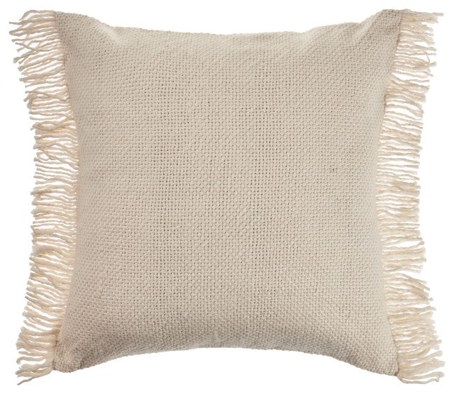 Solid Ivory Woven Throw Pillow with Fringe
