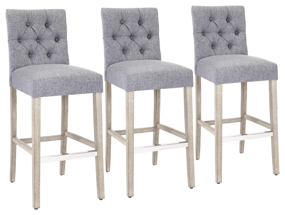 Hayes 29" Linen Fabric Tufted Bar Stool, Set of 3, Gray Farmhouse