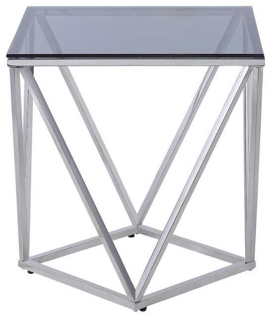 Glass Top Square End Table with Geometric Metal Base, Chrome and Clear