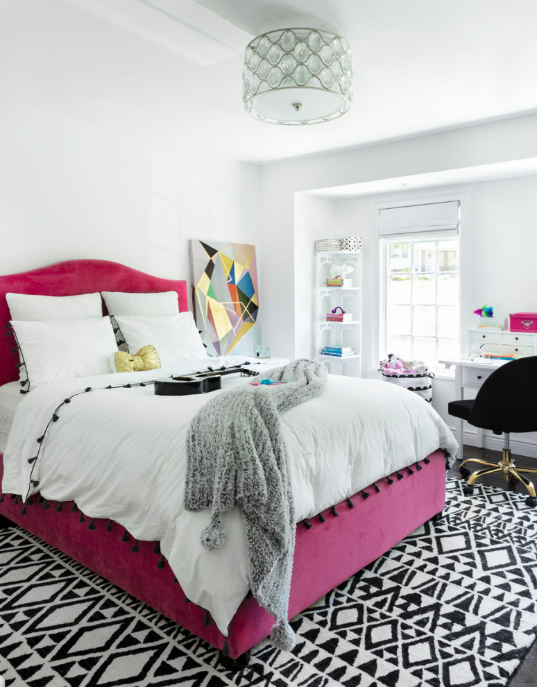 Inspiration for a mid-sized transitional dark wood floor and brown floor bedroom remodel in New York with white walls and no fireplace