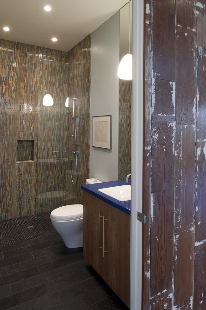 Inspiration for a contemporary bathroom in San Francisco with mosaic tile.