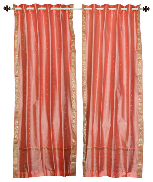 Peach Pink Ring Top Sheer Sari Curtain Drape Panel Piece